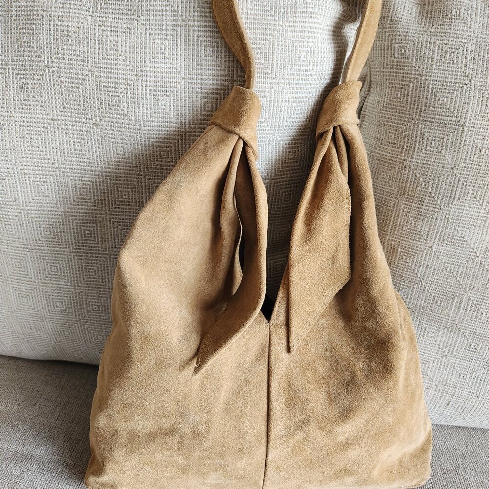 Divina Firenze slouchy suede hobo TikToc lighweight Sand color soft knot ties